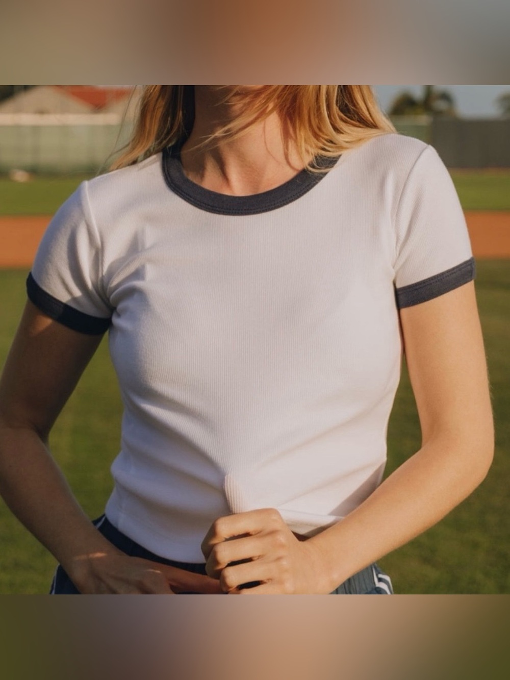 Daily Drills White Ribbed Baby Tee with Blue Trim